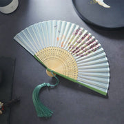 Buddha Stones Gardenia Cherry Blossom Moon Handheld Polyester Bamboo Folding Fan 21cm Folding Fan BS Cherry Moon Green Edge 21cm