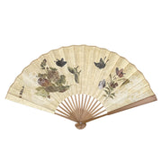 Buddha Stones Butterfly Cat Flower Handheld Cotton Linen Fabric Bamboo Folding Fan Folding Fan BS 2