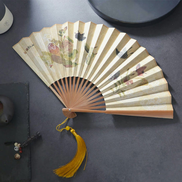 Buddha Stones Butterfly Cat Flower Handheld Cotton Linen Fabric Bamboo Folding Fan Folding Fan BS 1