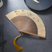 Buddha Stones Lotus Dragonfly Peony Butterfly Handheld Paper Bamboo Folding Fan 22.5cm