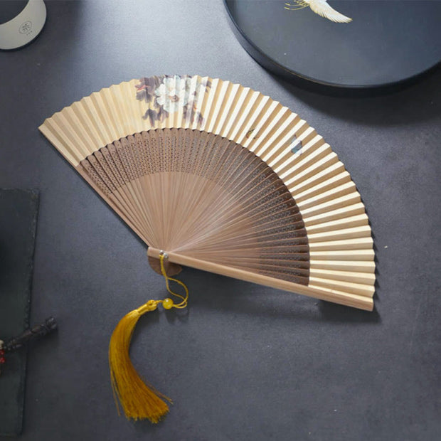 Buddha Stones Lotus Dragonfly Peony Butterfly Handheld Paper Bamboo Folding Fan 22.5cm Folding Fan BS Peony Butterfly 22.5cm