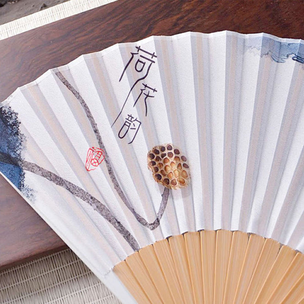 Buddha Stones Chinese Characters Ink Painting Lotus Flower Leaf Landscape Handheld Huayao Crepe Polyester Bamboo Folding Fan 23.3cm Folding Fan BS 4