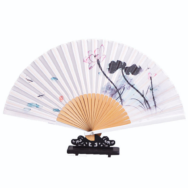 Buddha Stones Chinese Characters Ink Painting Lotus Flower Leaf Landscape Handheld Huayao Crepe Polyester Bamboo Folding Fan 23.3cm Folding Fan BS 6