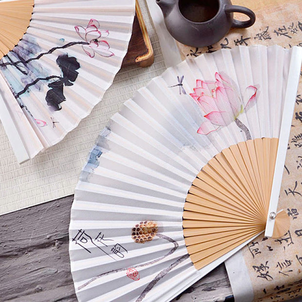 Buddha Stones Chinese Characters Ink Painting Lotus Flower Leaf Landscape Handheld Huayao Crepe Polyester Bamboo Folding Fan 23.3cm Folding Fan BS main