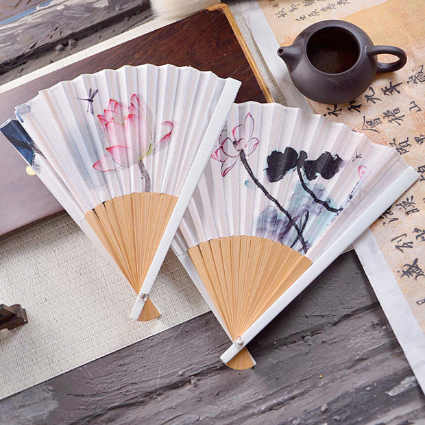 Buddha Stones Chinese Characters Ink Painting Lotus Flower Leaf Landscape Handheld Huayao Crepe Polyester Bamboo Folding Fan 23.3cm Folding Fan BS 7