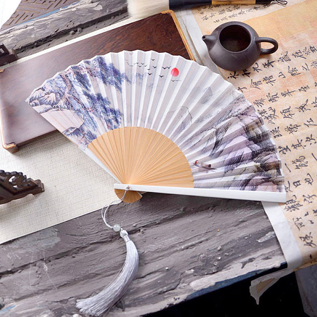 Buddha Stones Chinese Characters Ink Painting Lotus Flower Leaf Landscape Handheld Huayao Crepe Polyester Bamboo Folding Fan 23.3cm Folding Fan BS Landscape 23.3cm