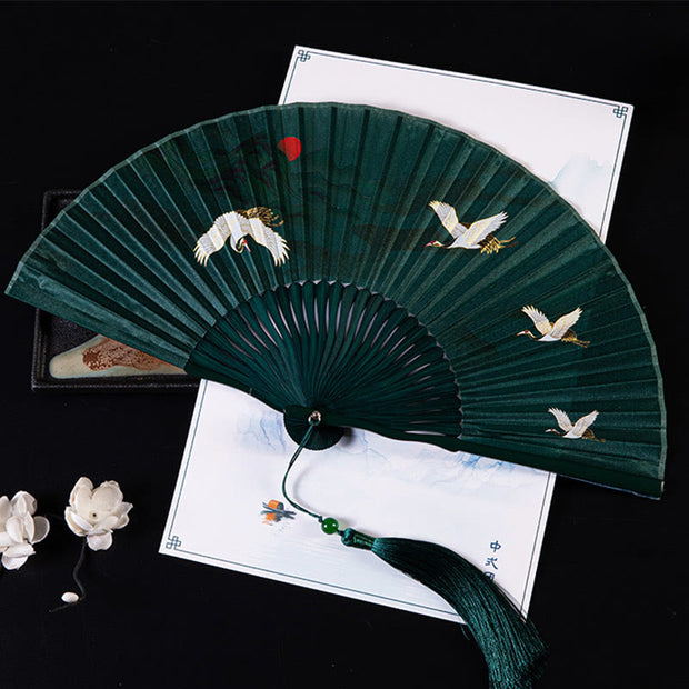 Buddha Stones Cranes Auspicious Clouds Solid Color Gradient Handheld Cotton Linen Fabric Bamboo Folding Fan Folding Fan BS Dark Green Sunset Crane 21cm