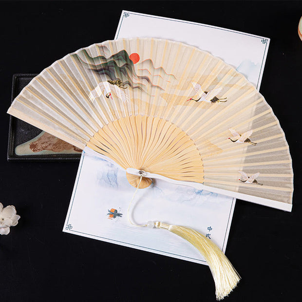 Buddha Stones Cranes Auspicious Clouds Solid Color Gradient Handheld Cotton Linen Fabric Bamboo Folding Fan Folding Fan BS Sunset Crane Yellow 21cm