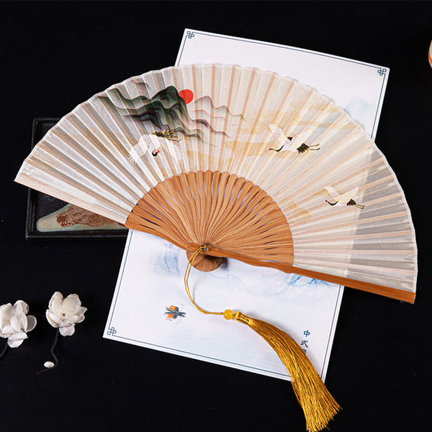 Buddha Stones Cranes Auspicious Clouds Solid Color Gradient Handheld Cotton Linen Fabric Bamboo Folding Fan Folding Fan BS Sunset Crane White 21cm