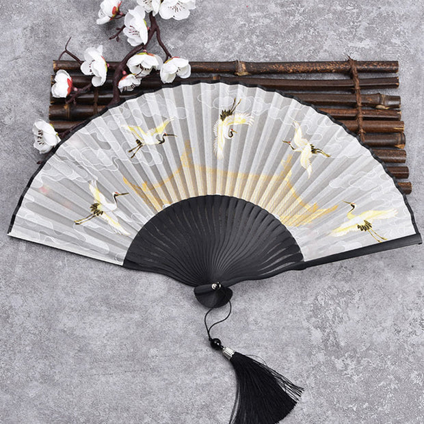 Buddha Stones Cranes Auspicious Clouds Solid Color Gradient Handheld Cotton Linen Fabric Bamboo Folding Fan Folding Fan BS Crane Cloud Black 21cm