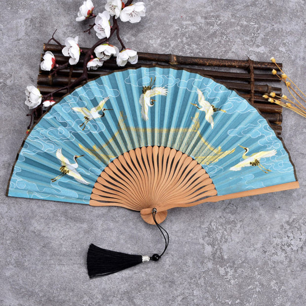 Buddha Stones Cranes Auspicious Clouds Solid Color Gradient Handheld Cotton Linen Fabric Bamboo Folding Fan Folding Fan BS Crane Cloud Blue 21cm