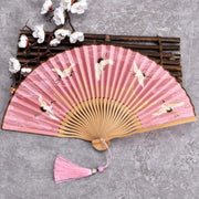 Buddha Stones Cranes Auspicious Clouds Solid Color Gradient Handheld Cotton Linen Fabric Bamboo Folding Fan Folding Fan BS Crane Cloud Pink 21cm