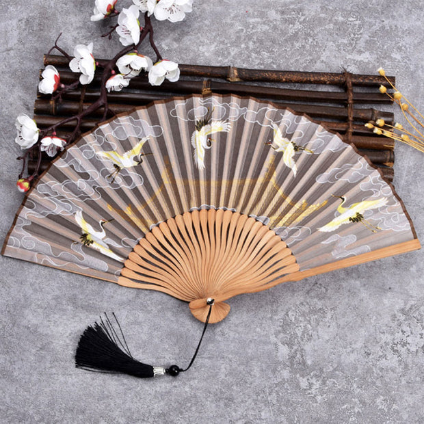 Buddha Stones Cranes Auspicious Clouds Solid Color Gradient Handheld Cotton Linen Fabric Bamboo Folding Fan Folding Fan BS Crane Cloud Khaki 21cm