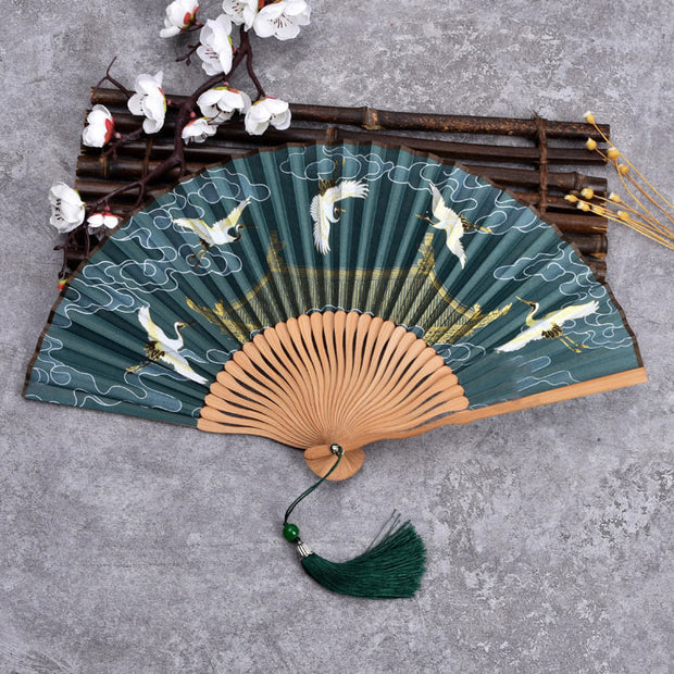 Buddha Stones Cranes Auspicious Clouds Solid Color Gradient Handheld Cotton Linen Fabric Bamboo Folding Fan Folding Fan BS Crane Cloud Dark Green 21cm