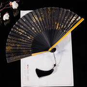 Buddha Stones Cranes Auspicious Clouds Solid Color Gradient Handheld Cotton Linen Fabric Bamboo Folding Fan Folding Fan BS Black Gold 22cm