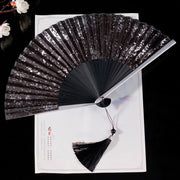 Buddha Stones Cranes Auspicious Clouds Solid Color Gradient Handheld Cotton Linen Fabric Bamboo Folding Fan Folding Fan BS Black Silver 22cm