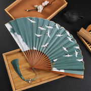 Buddha Stones Cranes Auspicious Clouds Solid Color Gradient Handheld Cotton Linen Fabric Bamboo Folding Fan