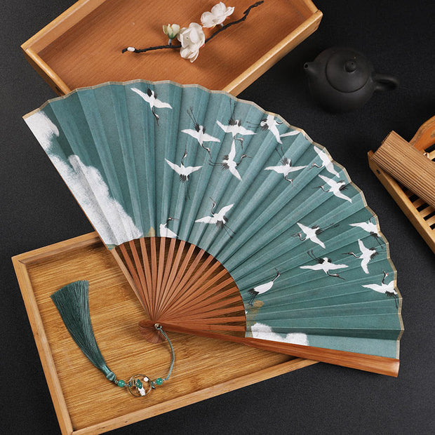 Buddha Stones Cranes Auspicious Clouds Solid Color Gradient Handheld Cotton Linen Fabric Bamboo Folding Fan Folding Fan BS Brown Crane 30cm