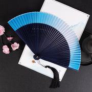 Buddha Stones Cranes Auspicious Clouds Solid Color Gradient Handheld Cotton Linen Fabric Bamboo Folding Fan Folding Fan BS Blue Gradient 21cm