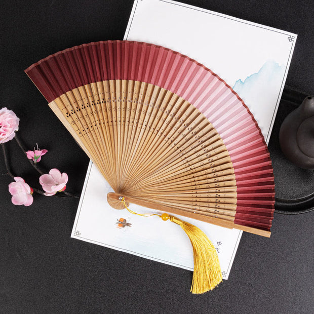 Buddha Stones Cranes Auspicious Clouds Solid Color Gradient Handheld Cotton Linen Fabric Bamboo Folding Fan Folding Fan BS Red Gradient Brown Rib 21cm