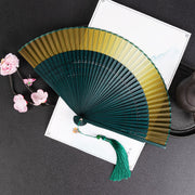 Buddha Stones Cranes Auspicious Clouds Solid Color Gradient Handheld Cotton Linen Fabric Bamboo Folding Fan