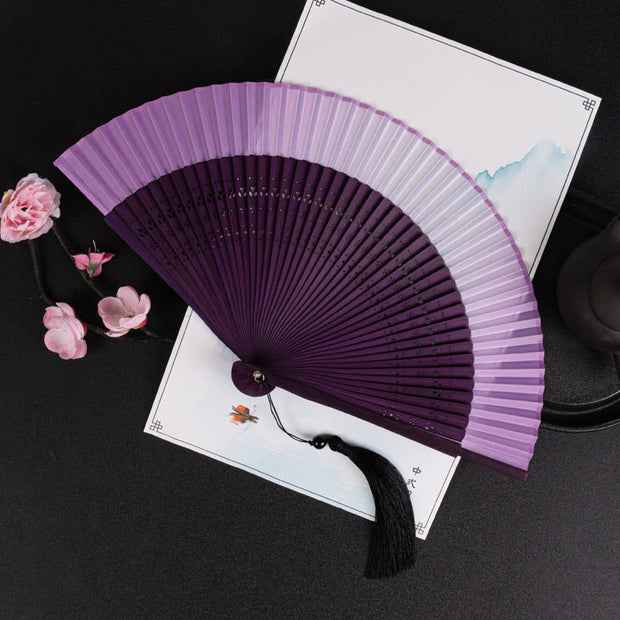 Buddha Stones Cranes Auspicious Clouds Solid Color Gradient Handheld Cotton Linen Fabric Bamboo Folding Fan Folding Fan BS Purple Gradient 21cm