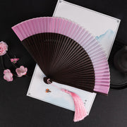 Buddha Stones Cranes Auspicious Clouds Solid Color Gradient Handheld Cotton Linen Fabric Bamboo Folding Fan Folding Fan BS Pink Gradient 21cm