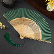 Buddha Stones Cranes Auspicious Clouds Solid Color Gradient Handheld Cotton Linen Fabric Bamboo Folding Fan Folding Fan BS Dark Green Hollow 21cm