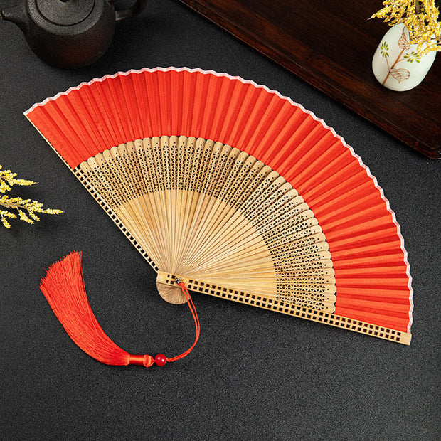 Buddha Stones Cranes Auspicious Clouds Solid Color Gradient Handheld Cotton Linen Fabric Bamboo Folding Fan Folding Fan BS Red Hollow 21cm