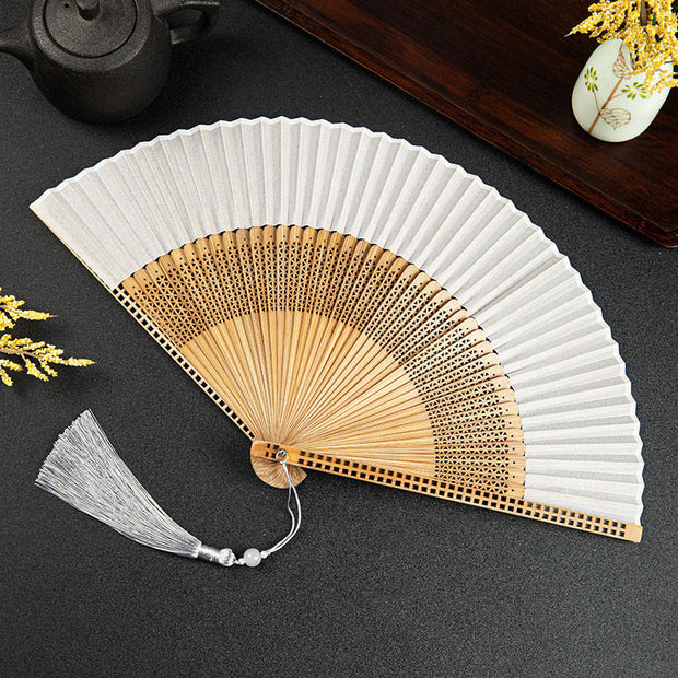 Buddha Stones Cranes Auspicious Clouds Solid Color Gradient Handheld Cotton Linen Fabric Bamboo Folding Fan Folding Fan BS Gray Hollow 21cm