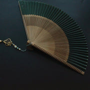 Buddha Stones Dark Green Tassel Hollow Rib Silk Handheld Bamboo Folding Fan