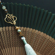 Buddha Stones Dark Green Tassel Hollow Rib Silk Handheld Bamboo Folding Fan Folding Fan BS 10