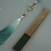 Buddha Stones Dark Green Tassel Hollow Rib Silk Handheld Bamboo Folding Fan