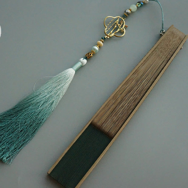 Buddha Stones Dark Green Tassel Hollow Rib Silk Handheld Bamboo Folding Fan Folding Fan BS 6