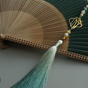 Buddha Stones Dark Green Tassel Hollow Rib Silk Handheld Bamboo Folding Fan Folding Fan BS 15