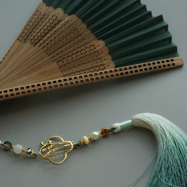 Buddha Stones Dark Green Tassel Hollow Rib Silk Handheld Bamboo Folding Fan