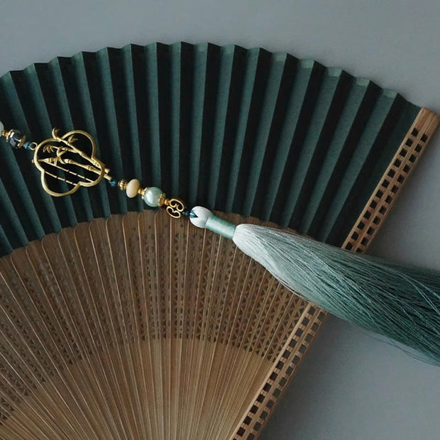 Buddha Stones Dark Green Tassel Hollow Rib Silk Handheld Bamboo Folding Fan