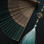 Buddha Stones Dark Green Tassel Hollow Rib Silk Handheld Bamboo Folding Fan Folding Fan BS 14