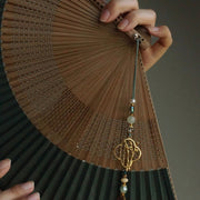 Buddha Stones Dark Green Tassel Hollow Rib Silk Handheld Bamboo Folding Fan