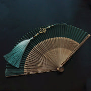 Buddha Stones Dark Green Tassel Hollow Rib Silk Handheld Bamboo Folding Fan