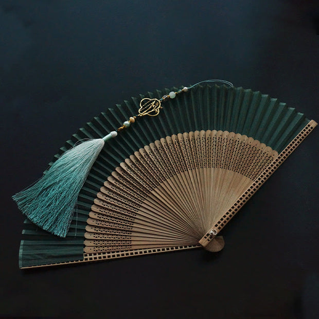 Buddha Stones Dark Green Tassel Hollow Rib Silk Handheld Bamboo Folding Fan Folding Fan BS 3