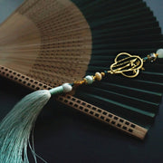 Buddha Stones Dark Green Tassel Hollow Rib Silk Handheld Bamboo Folding Fan Folding Fan BS 9