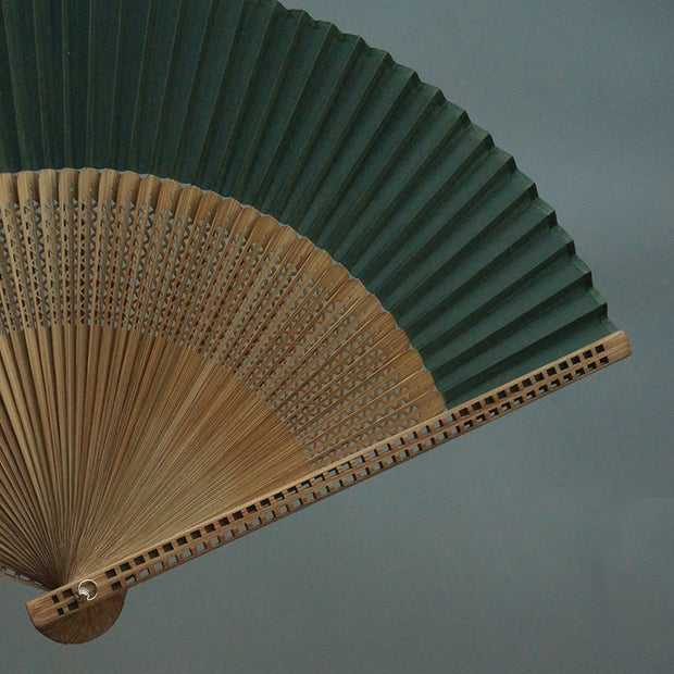 Buddha Stones Dark Green Tassel Hollow Rib Silk Handheld Bamboo Folding Fan Folding Fan BS 11