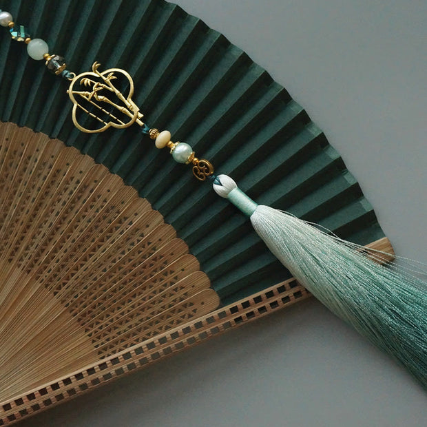 Buddha Stones Dark Green Tassel Hollow Rib Silk Handheld Bamboo Folding Fan Folding Fan BS 19