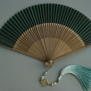 Buddha Stones Dark Green Tassel Hollow Rib Silk Handheld Bamboo Folding Fan Folding Fan BS 2