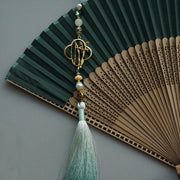 Buddha Stones Dark Green Tassel Hollow Rib Silk Handheld Bamboo Folding Fan