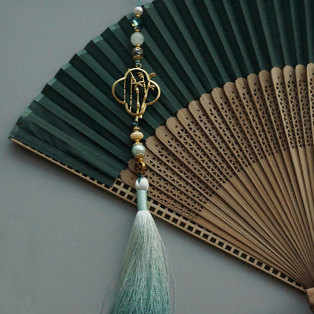 Buddha Stones Dark Green Tassel Hollow Rib Silk Handheld Bamboo Folding Fan Folding Fan BS 20