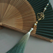 Buddha Stones Dark Green Tassel Hollow Rib Silk Handheld Bamboo Folding Fan