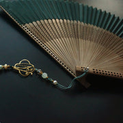 Buddha Stones Dark Green Tassel Hollow Rib Silk Handheld Bamboo Folding Fan Folding Fan BS 22