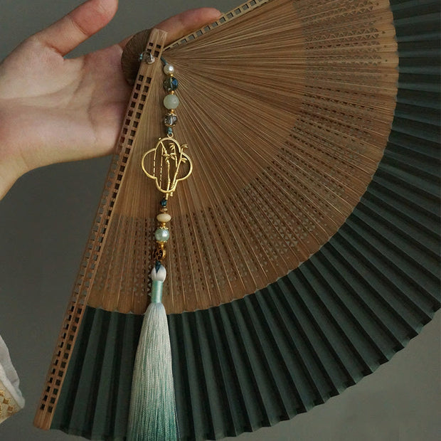 Buddha Stones Dark Green Tassel Hollow Rib Silk Handheld Bamboo Folding Fan